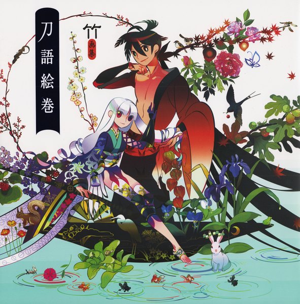 Anime picture 2000x2033 with katanagatari white fox togame yasuri shichika rubiconhearts tall image looking at viewer fringe highres black hair smile hair between eyes standing sitting holding signed ahoge bent knee (knees) white hair ponytail