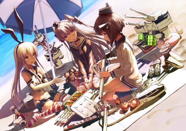 Anime picture 1980x1400 with kantai collection shimakaze destroyer rensouhou-chan amatsukaze destroyer rensouhou-kun yukikaze destroyer mocha (snowflake) long hair looking at viewer blush highres blonde hair brown hair sitting multiple girls brown eyes grey hair two side up beach wariza