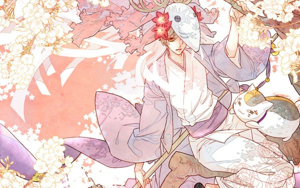 Anime picture 1440x900 with natsume yuujinchou brains base (studio) natsume takashi madara (nyanko-sensei) tomoaki short hair blonde hair wide image yellow eyes traditional clothes horn (horns) mask on head boy flower (flowers) cat mask