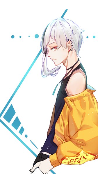 Anime picture 1080x1920 with bungou stray dogs studio bones nakajima atsushi kitsune (pixiv5601263) single tall image looking at viewer short hair white background yellow eyes silver hair upper body profile off shoulder open jacket alternate costume piercing ear piercing hand in pocket boy