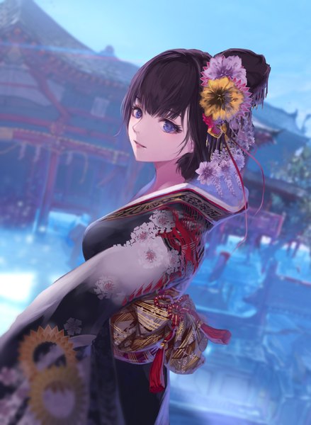 Anime picture 627x857 with original jname single tall image short hair black hair traditional clothes japanese clothes looking back hair flower girl hair ornament flower (flowers) kimono obi kanzashi