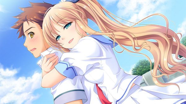 Anime picture 1280x720 with astraythem ginta long hair short hair blonde hair brown hair wide image green eyes yellow eyes game cg ponytail hug girl boy uniform school uniform