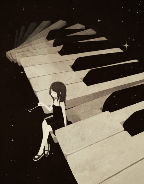 Anime picture 1000x1281 with original 456 single long hair tall image black hair sitting holding eyes closed sparkle girl dress black dress star (symbol) wand keys