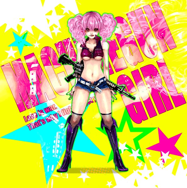 Anime picture 1500x1511 with utau kasane teto akiakane single tall image red eyes twintails bare shoulders pink hair nail polish midriff open collar curly hair girl thighhighs weapon shorts belt tongue star (symbol)