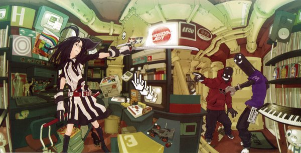Anime picture 3472x1775 with original pixiv girls collection kozaki yusuke long hair highres black hair wide image striped game girl boy gloves sword glasses book (books) hood mask ground vehicle skull stairs