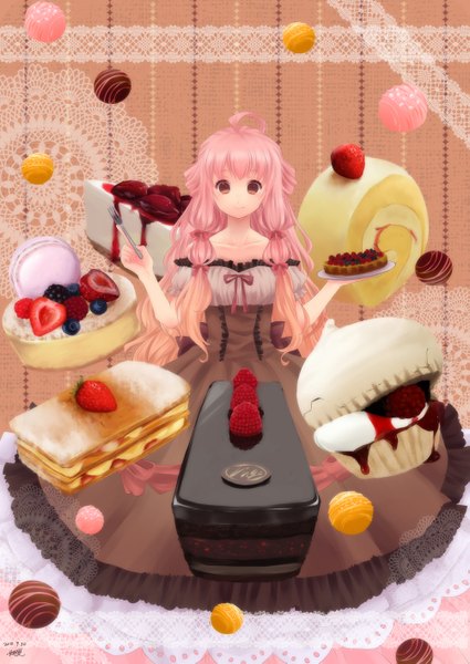 Anime picture 2006x2833 with original kisaitu single long hair tall image looking at viewer highres brown eyes pink hair ahoge girl dress food sweets berry (berries) cake strawberry