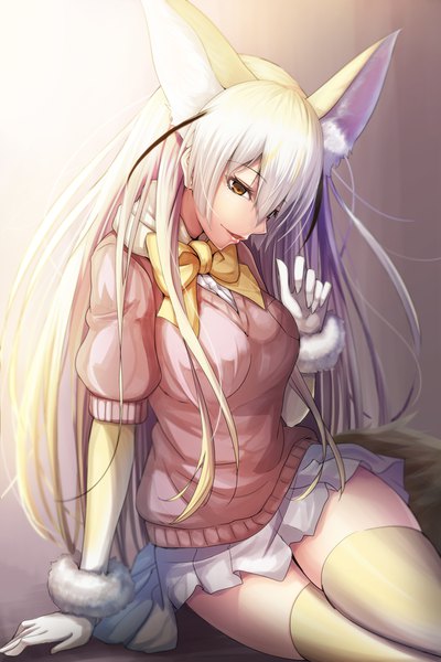 Anime picture 800x1200 with kemono friends fennec (kemono friends) matokechi single long hair tall image fringe light erotic hair between eyes brown eyes animal ears white hair tail animal tail arm support zettai ryouiki alternate hairstyle girl thighhighs gloves