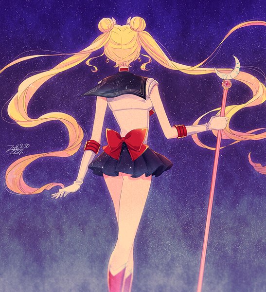 Anime picture 967x1060 with bishoujo senshi sailor moon toei animation tsukino usagi sailor moon saki (hxaxcxk) single long hair tall image blonde hair standing twintails holding pleated skirt from behind hair bun (hair buns) back dark background sailor collar magical girl girl