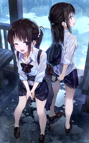 Anime picture 875x1400 with original orda long hair tall image looking at viewer blush fringe open mouth light erotic brown hair standing multiple girls signed payot looking away full body ponytail long sleeves profile pleated skirt