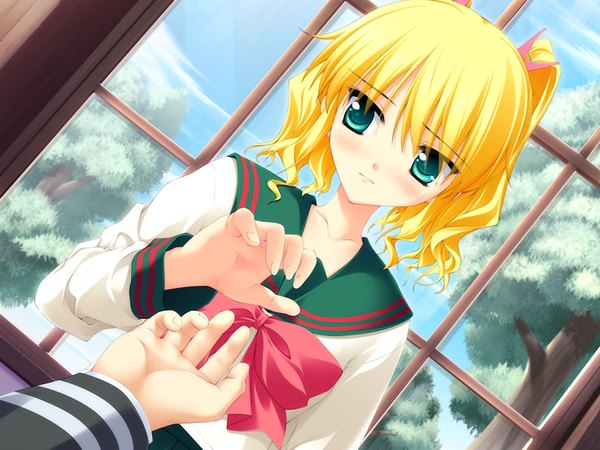 Anime picture 1024x768 with honey coming tagaya marino blush blonde hair green eyes game cg girl serafuku