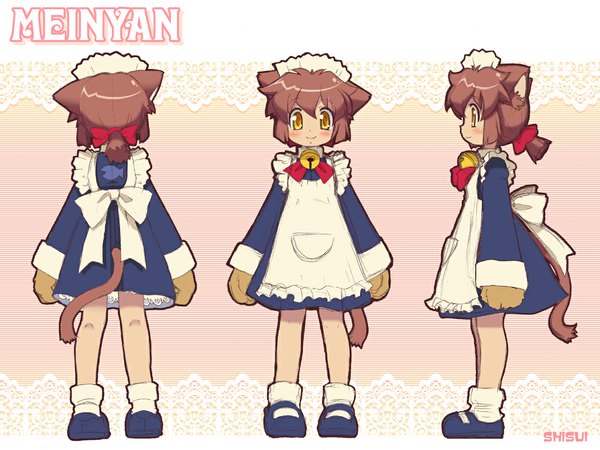 Anime picture 1180x886 with blush short hair brown hair animal ears yellow eyes tail maid bell collar bell collar child (children) shisui