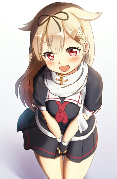 Anime picture 701x1064 with kantai collection yuudachi destroyer maku ro single long hair tall image looking at viewer blush fringe breasts blonde hair red eyes multicolored hair from above gradient hair looking up between legs remodel (kantai collection) girl skirt