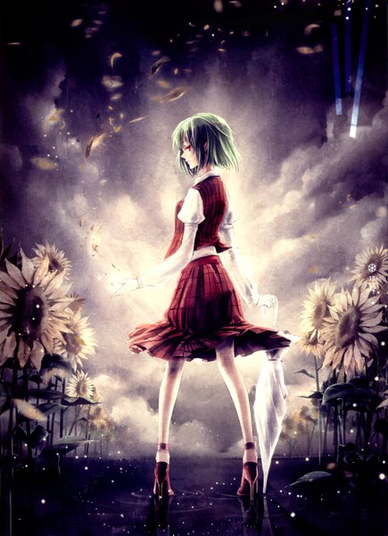 Anime picture 2432x3356 with touhou kazami yuuka kieta single tall image highres short hair red eyes sky cloud (clouds) green hair girl skirt petals water shoes leaf (leaves) umbrella skirt set red skirt