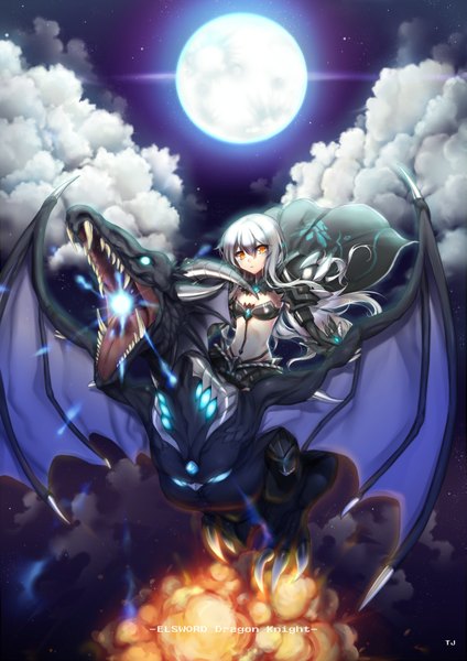 Anime picture 1191x1684 with elsword eve (elsword) tanjel long hair tall image fringe yellow eyes cloud (clouds) white hair horn (horns) teeth night sky text glowing glowing eye (eyes) flying bat wings sharp teeth power girl
