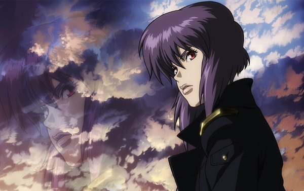 Anime picture 1277x804 with ghost in the shell production i.g kusanagi motoko single short hair sky purple hair cloud (clouds) pink eyes looking back zoom layer girl jacket