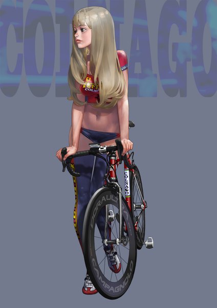 Anime picture 1447x2046 with original ferrari hitomi kazuya single long hair tall image fringe breasts light erotic blonde hair simple background standing holding looking away full body profile lips grey background bare belly shadow