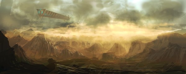 Anime picture 2500x996 with original lm7 (op-center) highres wide image cloud (clouds) evening sunset mountain no people landscape panorama aircraft airship dirigible