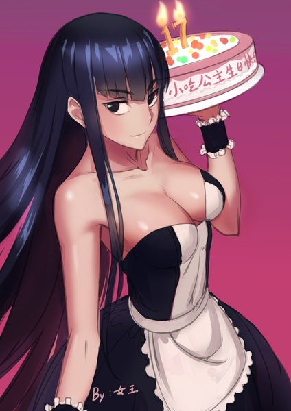 Anime picture 2480x3507 with kill la kill studio trigger kiryuuin satsuki nuwangyang (930426) single long hair tall image looking at viewer highres breasts light erotic blue hair black eyes girl dress sweets cake