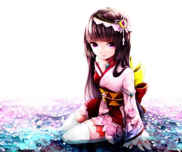 Anime picture 1200x1003 with original akira ry0 single long hair black hair simple background white background full body bent knee (knees) traditional clothes japanese clothes pink eyes light smile girl thighhighs hair ornament petals white thighhighs kimono pendant