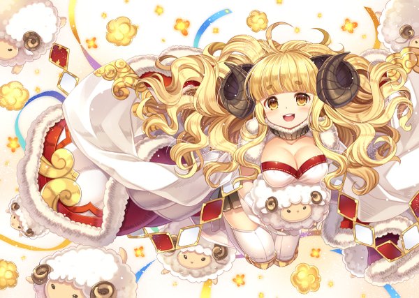 Anime picture 1200x855 with original capura lin single long hair looking at viewer blush open mouth light erotic blonde hair yellow eyes cleavage horn (horns) wavy hair girl thighhighs dress white thighhighs