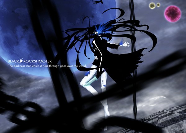 Anime picture 1831x1313 with black rock shooter black rock shooter (character) highres black hair glowing glowing eye (eyes) girl chain knife planet