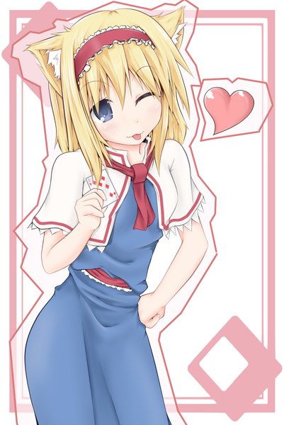 Anime picture 1510x2258 with touhou alice margatroid ebi senbei (artist) single tall image looking at viewer blush short hair blue eyes blonde hair animal ears one eye closed wink cat ears :p girl heart hairband card (cards)