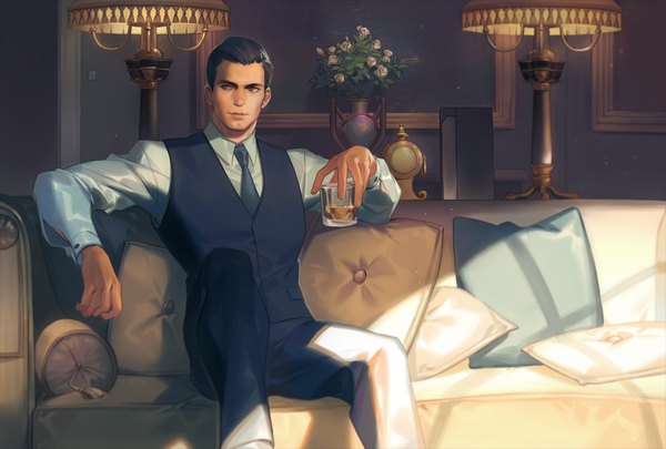 Anime picture 1100x744 with the man from u.n.c.l.e. henry cavill napoleon solo naked cat single short hair sitting holding brown eyes looking away indoors arm up lips boy flower (flowers) shirt necktie white shirt pillow rose (roses)