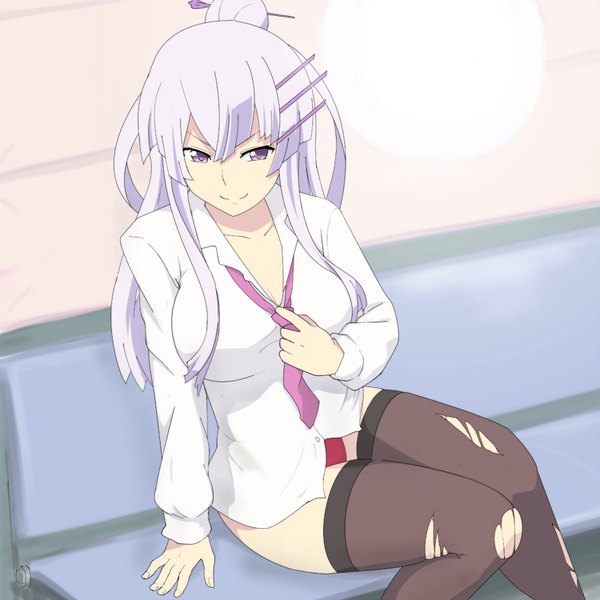 Anime picture 1500x1500 with heavy object j.c. staff frolaytia capistrano gobanme no mayoi neko single long hair looking at viewer fringe breasts light erotic smile hair between eyes large breasts sitting purple eyes payot cleavage silver hair bent knee (knees) light smile