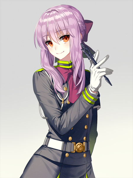 Anime picture 600x800 with owari no seraph wit studio hiiragi shinoa liluo (jinha) single long hair tall image blush fringe simple background smile red eyes looking away purple hair grey background girl gloves uniform bow hair bow