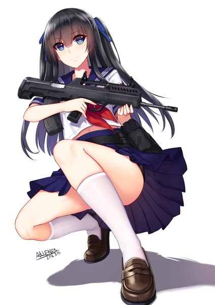 Anime picture 4133x5846 with original allenes long hair tall image looking at viewer highres blue eyes light erotic black hair white background absurdres girl skirt uniform weapon miniskirt socks serafuku gun white socks