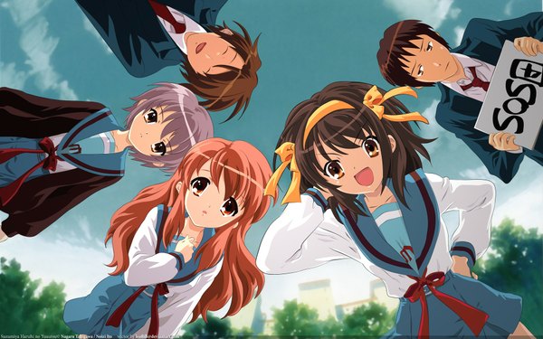 Anime picture 1920x1200 with suzumiya haruhi no yuutsu kyoto animation suzumiya haruhi nagato yuki asahina mikuru kyon koizumi itsuki long hair looking at viewer highres short hair open mouth smile brown hair wide image multiple girls signed long sleeves grey hair multiple boys