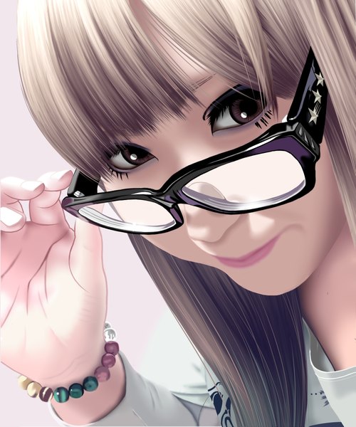 Anime picture 1943x2329 with nya taisa single long hair tall image looking at viewer highres simple background blonde hair brown eyes realistic portrait close-up pink background adjusting glasses girl glasses bracelet star (stars) beads