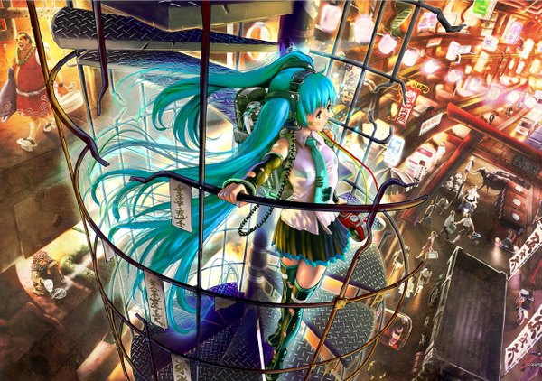 Anime picture 1279x900 with vocaloid hatsune miku blue eyes twintails green hair city city lights girl thighhighs detached sleeves miniskirt necktie ground vehicle car
