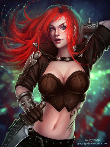 Anime picture 1536x2048 with league of legends katarina (league of legends) ayyasap single long hair tall image looking at viewer breasts large breasts red hair realistic midriff grey eyes tattoo scar girl gloves navel weapon dagger
