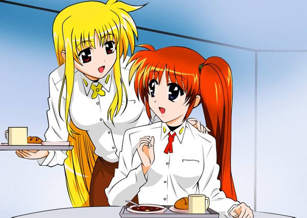 Anime picture 3000x2126 with mahou shoujo lyrical nanoha mahou shoujo lyrical nanoha strikers fate testarossa takamachi nanoha long hair highres open mouth blonde hair red eyes sitting multiple girls absurdres orange hair grey eyes blue background girl 2 girls food mug bread