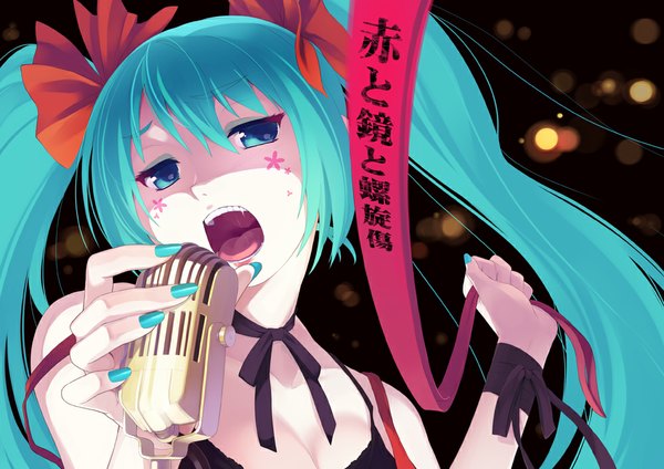 Anime picture 1000x707 with vocaloid hatsune miku oryou long hair open mouth twintails nail polish aqua eyes aqua hair facial mark girl ribbon (ribbons) hair ribbon