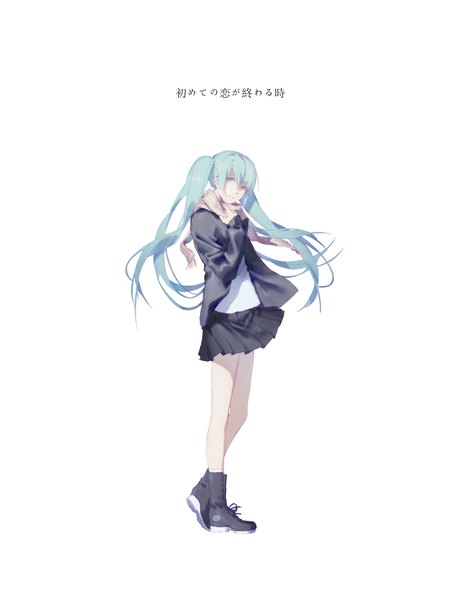Anime picture 1050x1365 with vocaloid hajimete no koi ga owaru toki (vocaloid) hatsune miku spencer sais single tall image looking at viewer fringe simple background standing white background twintails payot full body very long hair pleated skirt aqua eyes light smile aqua hair open clothes
