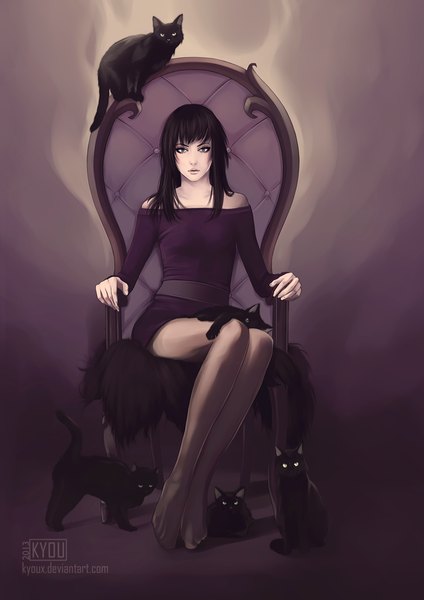 Anime picture 707x1000 with original kyoux (artist) single long hair tall image looking at viewer fringe blue eyes brown hair sitting bare shoulders no shoes girl dress animal pantyhose cat short dress armchair throne
