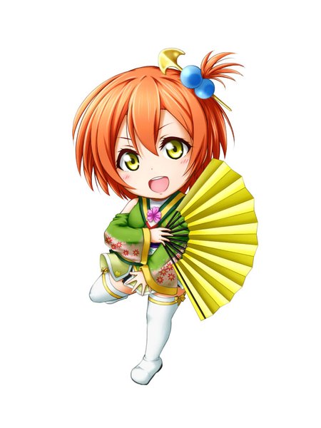 Anime picture 750x1000 with love live! school idol project sunrise (studio) love live! hoshizora rin kuena single tall image looking at viewer short hair simple background white background green eyes orange hair chibi girl thighhighs dress white thighhighs fan