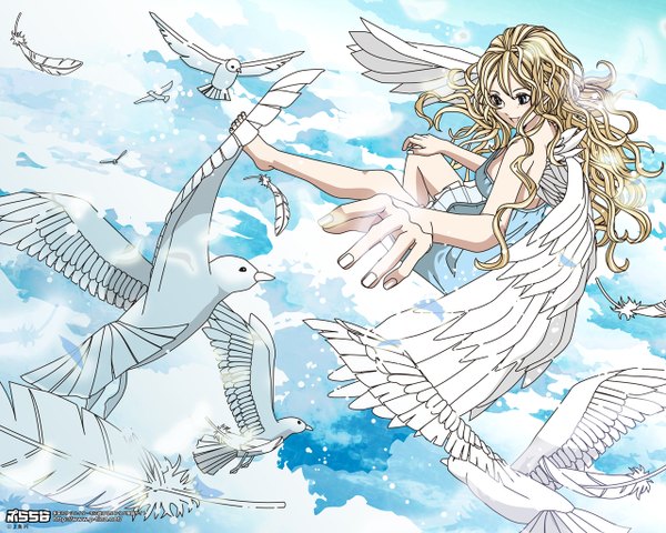 Anime picture 1280x1024 with original tagme (artist) long hair blue eyes blonde hair bare shoulders sky barefoot angel wings angel girl animal bird (birds) feather (feathers) sundress