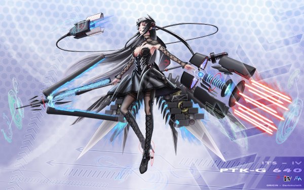 Anime picture 2500x1563 with original darkmuleth single long hair highres black hair red eyes wide image girl thighhighs dress weapon black thighhighs detached sleeves boots wire (wires)