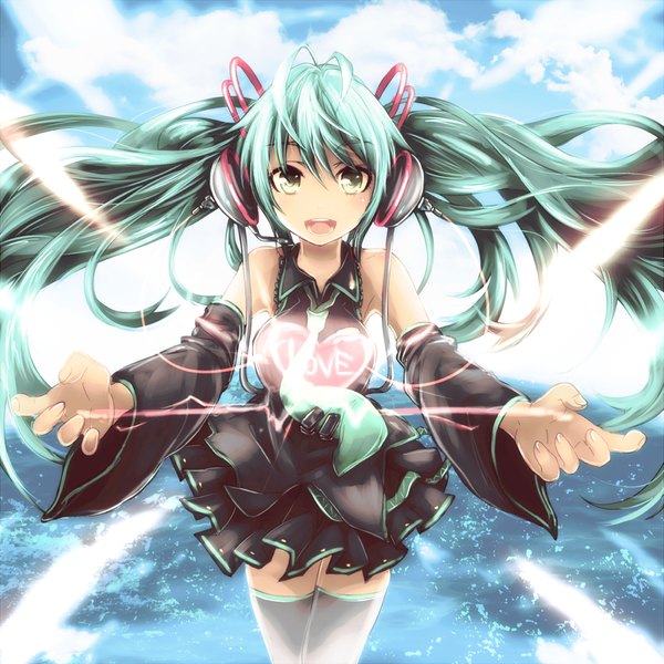 Anime picture 1000x1000 with vocaloid hatsune miku tom (drpow) single open mouth twintails very long hair aqua eyes aqua hair girl thighhighs detached sleeves heart headphones