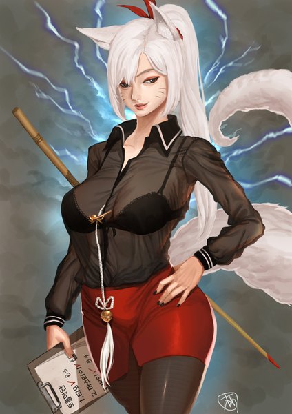 Anime picture 1500x2122 with league of legends ahri (league of legends) supullim single long hair tall image fringe breasts blue eyes light erotic animal ears white hair tail nail polish animal tail fingernails light smile facial mark fox girl whisker markings