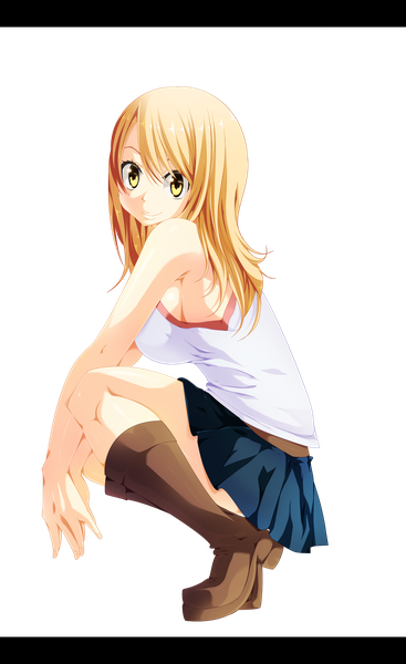 Anime picture 3200x5226 with fairy tail lucy heartfilia salim202 single long hair tall image highres breasts light erotic blonde hair smile large breasts yellow eyes absurdres full body pleated skirt coloring squat transparent background girl