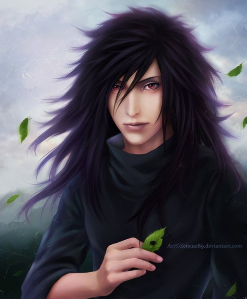 Anime picture 1967x2379 with naruto studio pierrot naruto (series) uchiha madara zetsuai89 single long hair tall image highres black hair red eyes sky lips realistic portrait sharingan boy leaf (leaves)