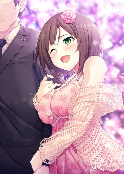 Anime picture 2591x3624 with idolmaster idolmaster cinderella girls maekawa miku p-head producer hasumi (hasubatake39) tall image blush highres short hair breasts open mouth brown hair large breasts bare shoulders green eyes looking away one eye closed hair flower fang (fangs) couple