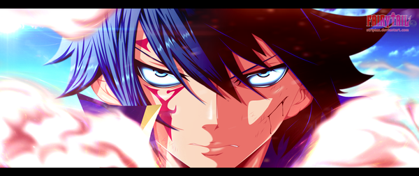 Anime picture 1900x802 with fairy tail jellal fernandes striplax single highres short hair blue eyes wide image blue hair sunlight inscription tattoo coloring facial mark close-up smoke face boy blood