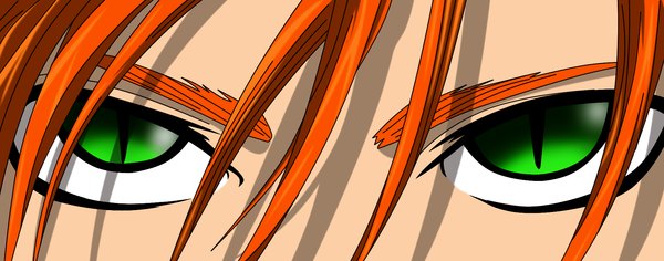 Anime picture 1920x756 with flowerinhell highres wide image green eyes orange hair hair over eyes