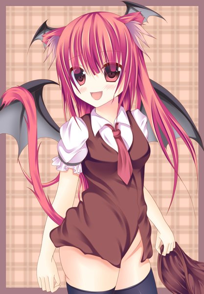 Anime picture 2520x3622 with touhou koakuma kaiba-san single long hair tall image blush highres open mouth red eyes animal ears red hair head wings girl thighhighs dress black thighhighs wings