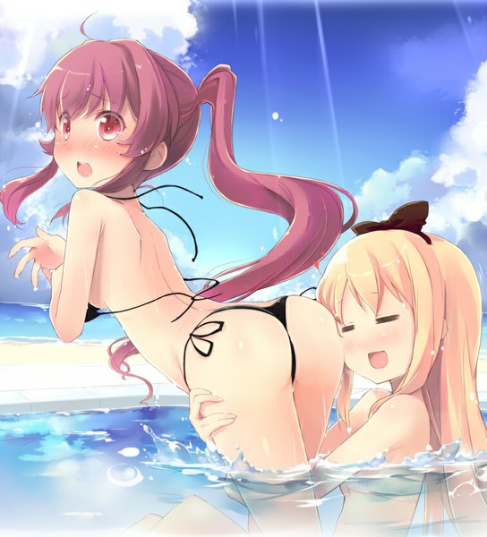 Anime picture 755x833 with yuru yuri doga kobo toshinou kyouko sugiura ayano shin (new) long hair tall image blush fringe open mouth light erotic blonde hair smile red eyes standing sitting multiple girls looking away pink hair sky